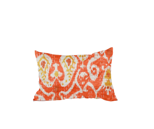 Kantha blanket pillowcase with vibrant orange and yellow ikat design, handmade cotton voile fabric, traditional kantha stitching