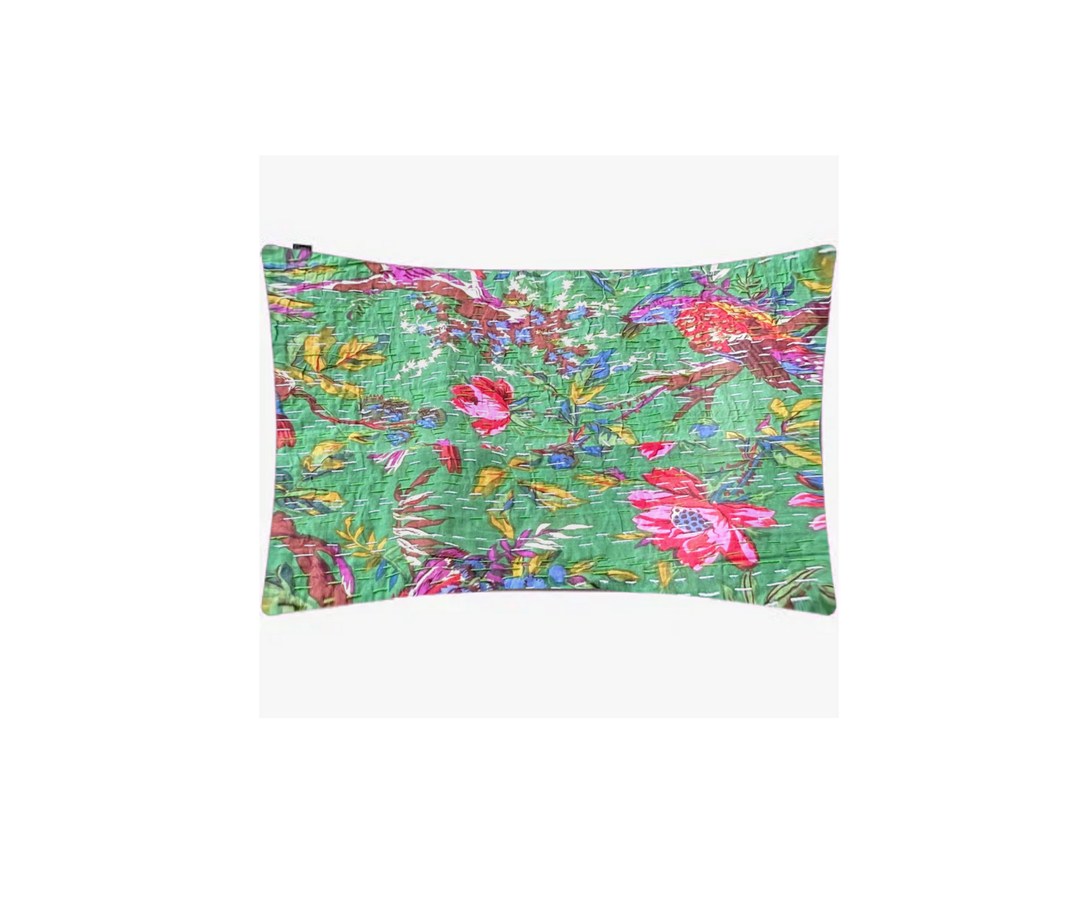Kantha Blanket Bird of Paradise with vibrant hand-stitched floral and bird design on green cotton voile fabric.