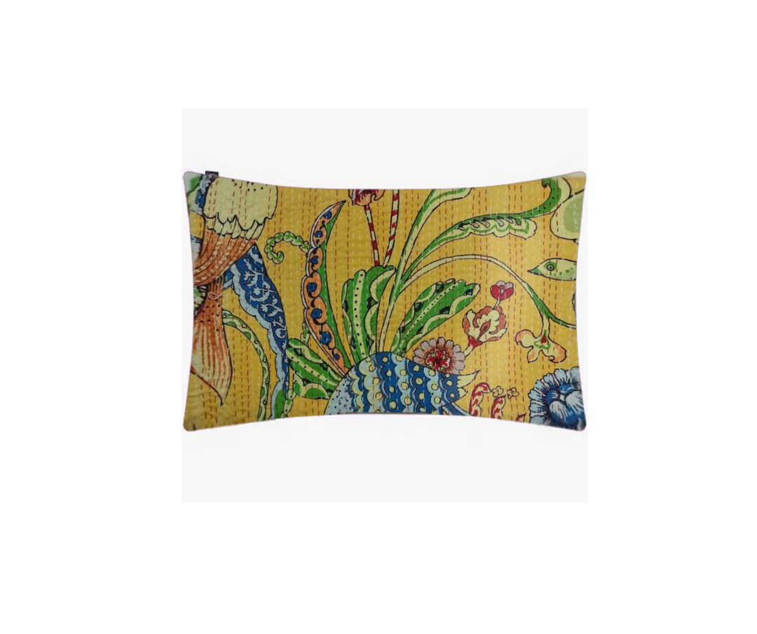 Kantha Blanket decorative pillow with vibrant Bird of Paradise floral print, hand-stitched cotton voile textile from India