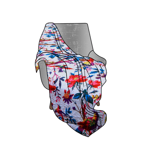 Kantha Blanket Bird of Paradise with hand-stitched floral and bird design draped over a chair, lightweight cotton quilt from India.