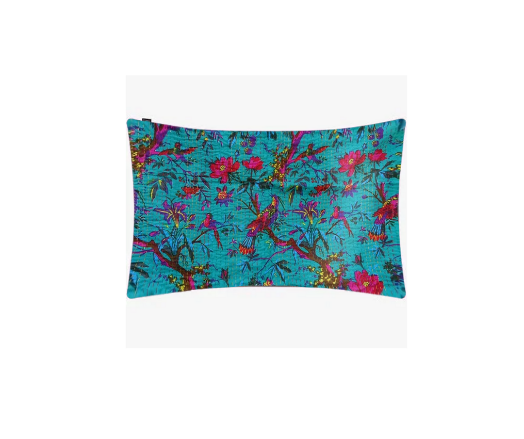 Blue Kantha Blanket with Bird of Paradise embroidered floral and bird design, lightweight cotton voile, hand-stitched quilted textile from India.