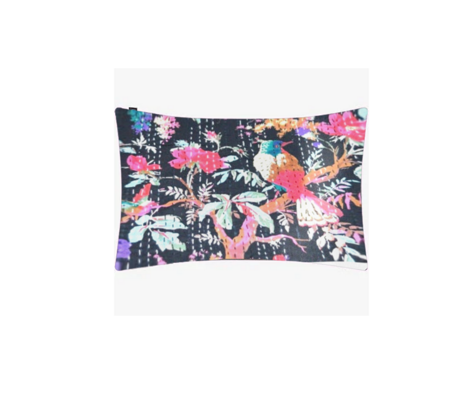 Kantha blanket pillow sham with colorful bird and floral embroidery on black cotton voile fabric.