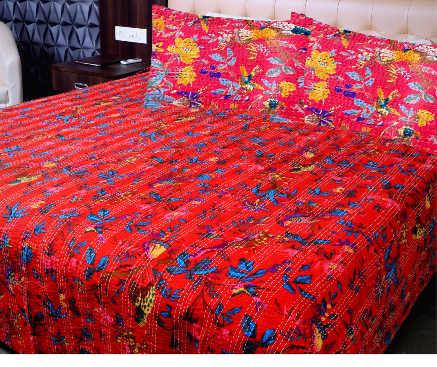 Red Kantha blanket set with Bird of Paradise floral and animal print, hand-stitched cotton quilt and pillowcases