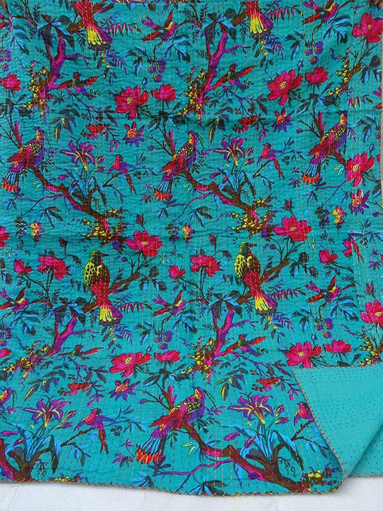 Turquoise Kantha blanket with bird and floral embroidery, lightweight cotton quilt, handmade and reversible design