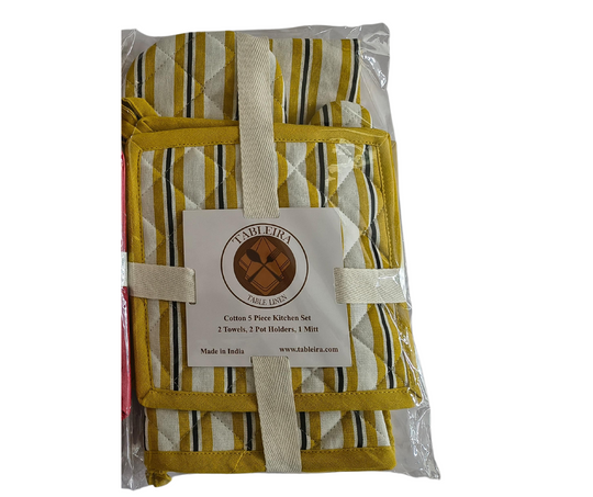 Packaged cotton table linen kitchen set with striped yellow and white design including towels, potholders, and mitt from Tableira