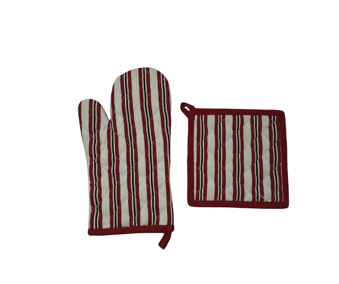 striped cotton oven mitt and pot holder set in red and white cotton table linen design