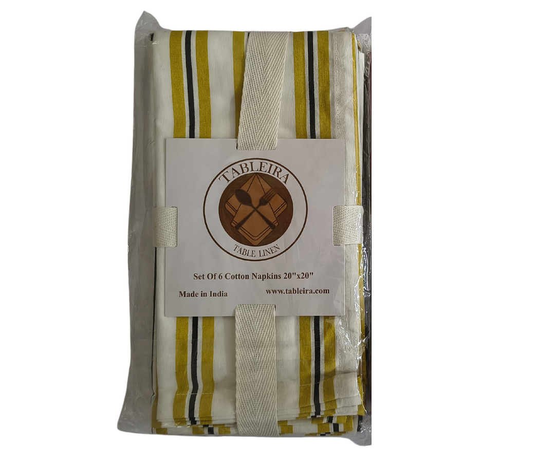 Set of 6 striped cotton table linen napkins 20x20 inches by Tableira, made in India, packaged in clear plastic.