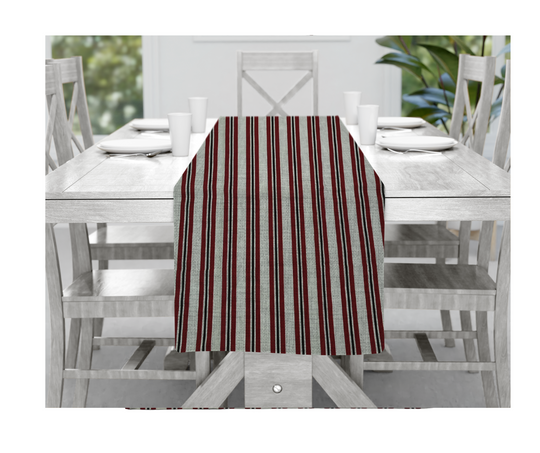 cotton table linen striped table runner on wooden dining table with white chairs and tableware