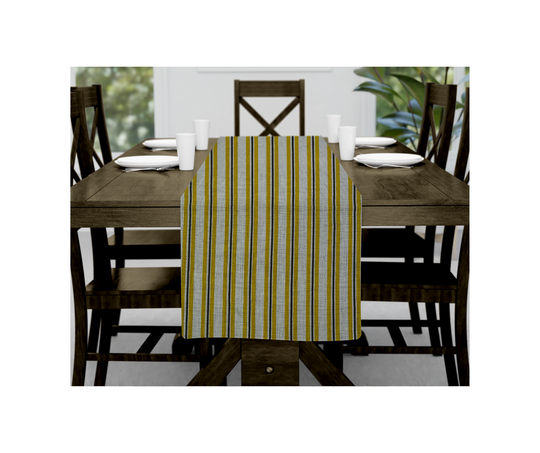 Cotton table linen striped table runner on wooden dining table with chairs and tableware