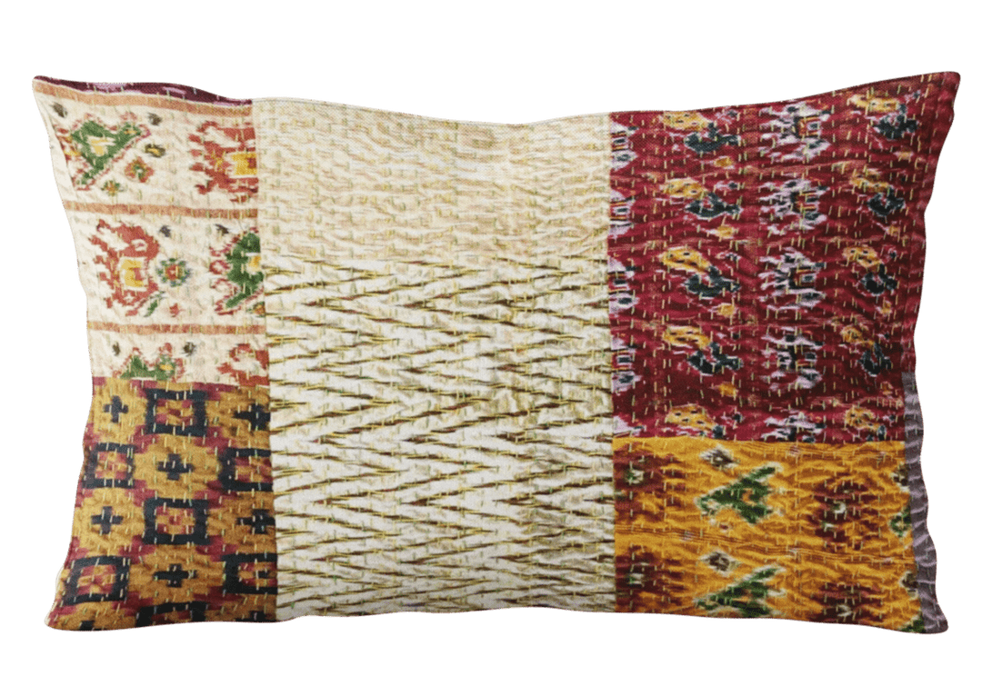 Handmade patchwork pillow sham with kantha stitching, featuring intricate colorful patterns.
